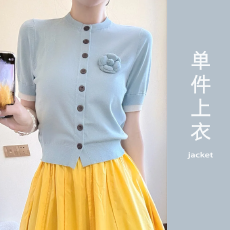 批发夏日温柔韩版多巴胺明媚穿搭立体花朵玫瑰设计感爆款短袖开衫上衣