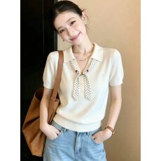 批发白色丝巾Polo领针织短袖女<b class='q'>夏</b>2026新款独特漂亮薄款针织衫百搭上衣