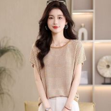 批发温柔风细格纹宽松<b class='q'>针织衫</b>女夏装新款遮肉百搭气质百搭短袖T恤上衣