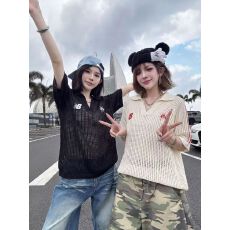 批发美式POLO领正肩短袖针织<b class='q'>T</b>恤女夏季镂空宽松防晒罩衫设计感上衣潮
