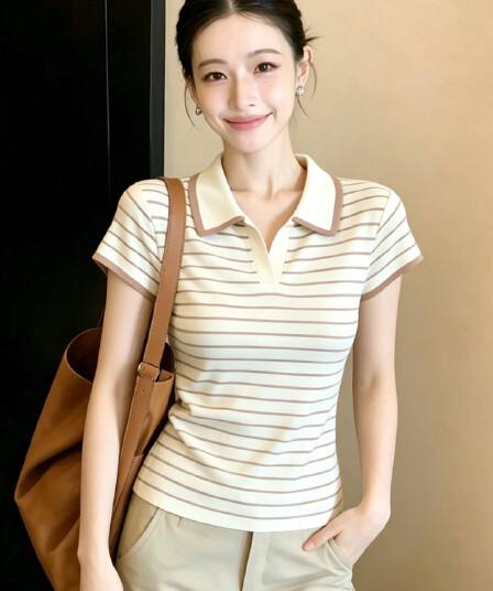 한 부서 스트라이프 POLO 칼라 반팔 티셔츠 여성 여름 2026 새로운 외국 가스 세련된 슬림해 보이는 캐주얼 다용도 맨위