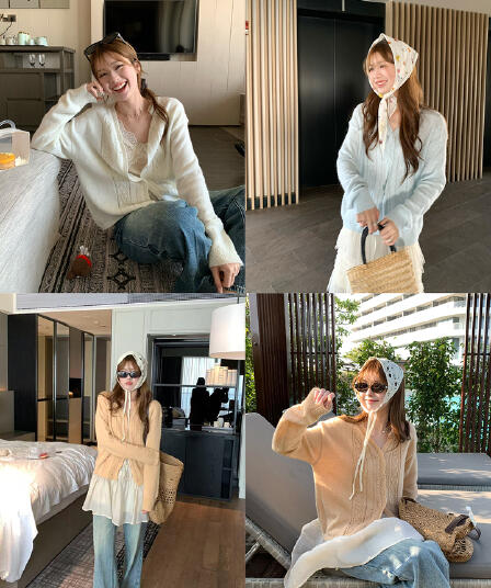 부드러운 바람 우유 화이트 V넥 트위스트 꽃 니트 오픈 가디건 여성 이른 가을 새로운 와이드 부드러운 찹쌀 출퇴근 바람 외부 잡아라. 의류