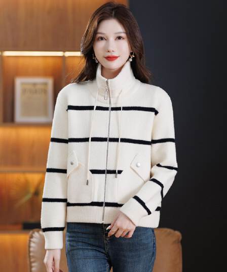 스탠드 칼라 지퍼 스웨터 코트 작은 키 봄 가을 새로운 루즈핏 캐주얼 긴팔 스트라이프 니트 오픈 가디건 여성 셔츠