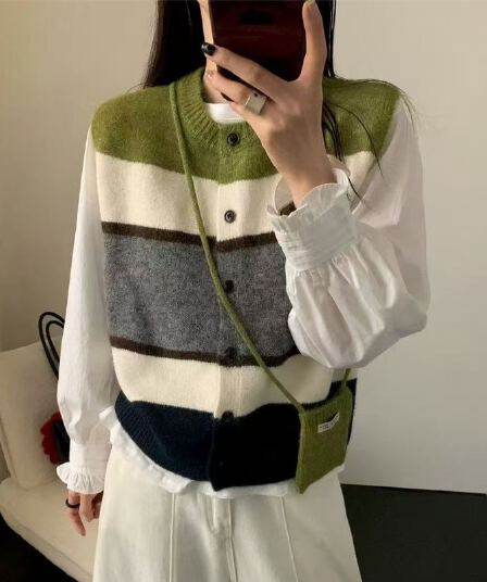 프랑스식 배색 스트라이프 라운드 넥 니트 조끼 여자 느긋한 세련된 민소매 어깨 스웨터 조끼 스택 착용 가을 겨울철