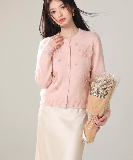 핑크색 디자인 센스 달콤함 무거운 작업 비즈 박기 3 차원 꽃 스웨터 여성 코트 가을 겨울 새로운 니트 오픈 가디건 맨위