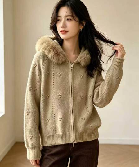아름다움 라드. 모피 칼라 후드 스웨터 코트 여자 가을 겨울 한 부서 느긋한 바람 품격 작은 키 니트 스웨터 맨위