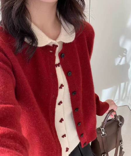 페이크 레이어드 빨간색 나비 매듭 폴로 칼라 스웨터 여성 코트 가을 겨울 착용 가져 가라. 루즈핏 느긋한 바람 니트 오픈 가디건 맨위
