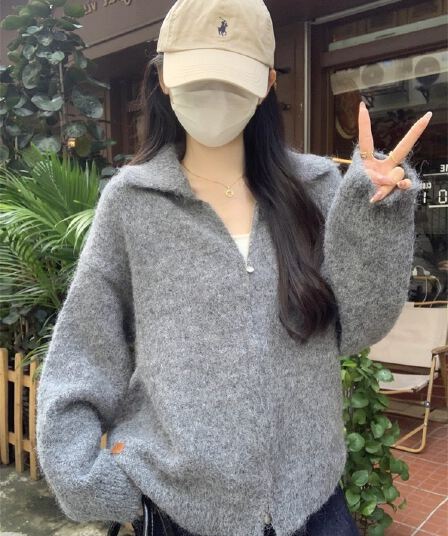 가을 겨울 양모 플리스 지퍼 오픈 가디건 폴로 칼라 니트 여성 코트 두꺼운 느긋한 바람 루즈핏 스웨터 보온 맨위