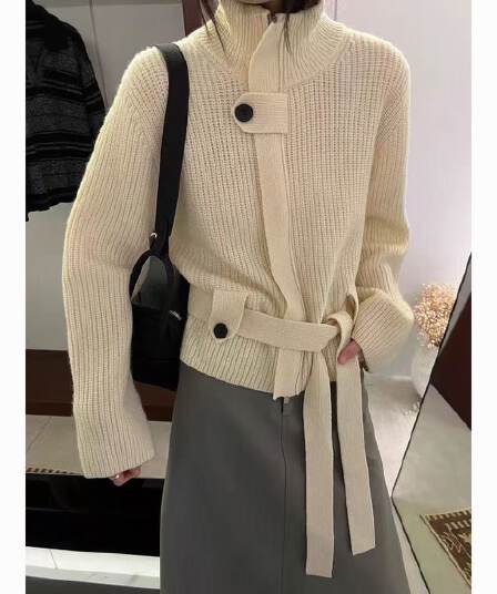 유럽 상품 레이스업 허리 수축 슬림해 보이는 전체 양모 니트 오픈 가디건 여성 한 부서 스탠드 칼라 두꺼운 바늘 가을 겨울 스웨터 코트 두꺼운 스타일