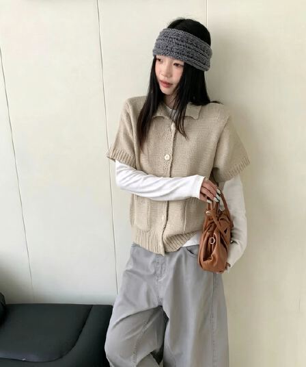 한 부서 부드러운 POLO 칼라 반팔 니트 오픈 가디건 여성 가을 더블 주머니 단색 스웨터 베스트 스택 착용 맨위
