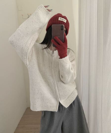 한 부서 더블 지퍼 니트 오픈 가디건 여성 가을 겨울 부드러운 우유 황색 루즈핏 라운드 넥 부드러운 찹쌀 쇼트 스타일 스웨터 코트