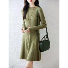 批发新款圆领羊绒<b class='q'>连衣裙</b>女抽条显瘦打底毛衣A字裙中长款羊毛针织长裙