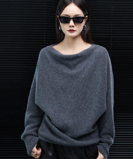 가을 겨울 새로운 한 단어 흔들다 칼라 양모 스웨터 여성 루즈핏 니트 느긋한 배트윙 소매 스웨터 디자인 센스 외국 가스 맨위