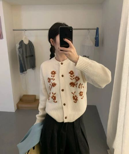 프랑스식 부드러운 무거운 작업 편집 꽃 라운드 넥 니트 오픈 가디건 여성 가을 부드러운 찹쌀 프로 피부 센스 부드러운 맨위 재킷