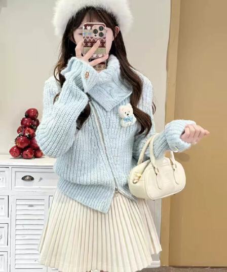 프랑스식 달콤한 스타일 불규칙 지퍼 반하이넥 니트 스웨터 여성 가을 겨울 새로운 부드러운 바람 연령 감소 다용도 재킷