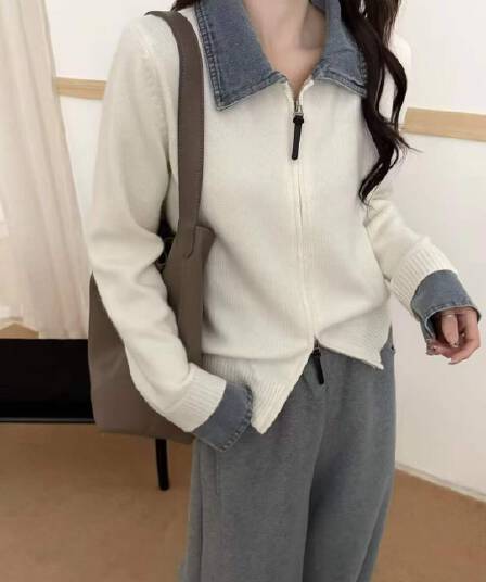 유럽 상품 데님 패치워크 폴로 칼라 더블 지퍼 전체 양모 니트 오픈 가디건 여성 외국 가스 다용도 페이크 레이어드 스웨터 코트