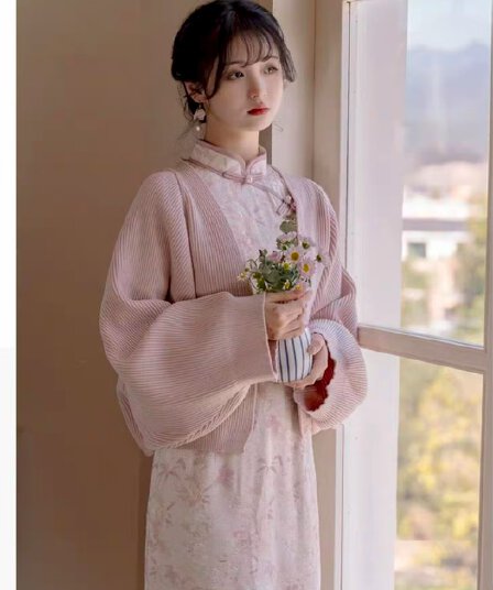 2026 가을 겨울 V넥 기타 색상 복잡한 관한 요소 쇼트 스타일 니트 오픈 가디건 여성 긴 소매 스웨터 코트 중화 민국 중식
