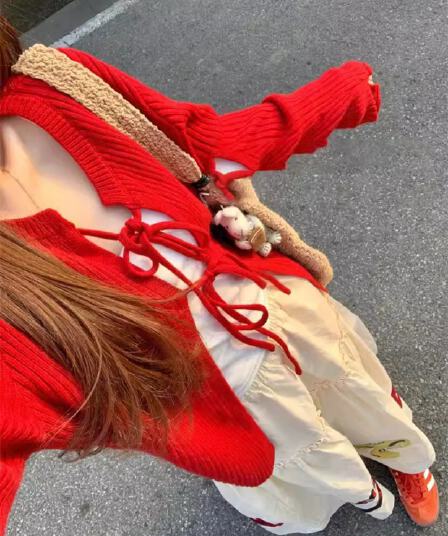 한 부서 부드러운 달콤함 착용 가져 가라. 작은 키 빨간색 오픈 가디건 숄 스웨터 여자 학생 이른 가을 외부 가져 가라. 스트랩 맨위