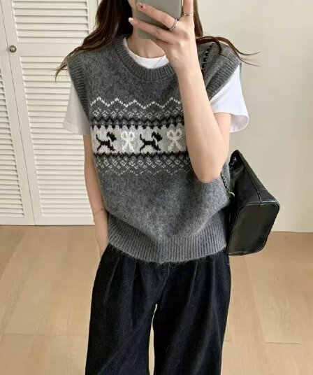레트로 공정한 섬 강아지 자카드 니트 조끼 여자 봄 가을 라운드 넥 스웨터 뒤로 부드러운 마음 찹쌀 스택 착용 어깨 맨위