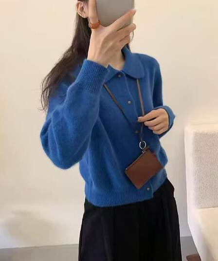 한국 스타일 단색 폴로 칼라 샤 징 버클 절묘한 스웨터 오픈 가디건 가을과 겨울 POLO 칼라 외국 가스 다용도 니트 기본 셔츠