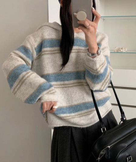 한 부서 느긋한 바람 루즈핏 후드 배색 와이드 스트라이프 니트 오픈 가디건 여성 가을 겨울 부드러운 찹쌀 다용도 스웨터 코트