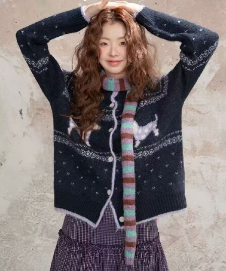 한 부서 강아지 자카드 부드러운 찹쌀 스웨터 오픈 가디건 여성 가을 겨울 새로운 루즈핏 느긋한 바람 공정한 섬 니트 스웨터 재킷