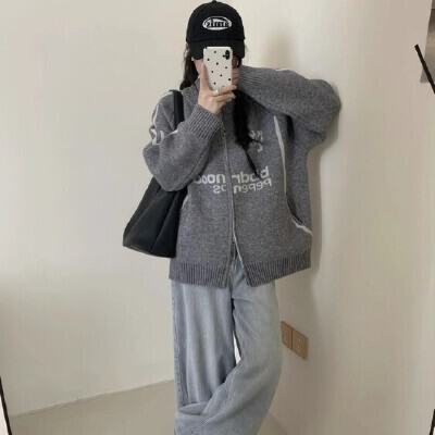 oversize 야구 유니폼 폴로 칼라 지퍼 스웨터 오픈 가디건 여성 재킷 가을 의상 새로운 한국 스타일 루즈핏 니트 스웨터