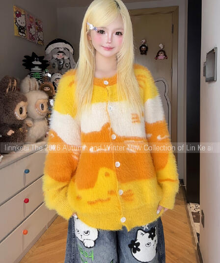 가을 새로운 달콤함 패치워크 색상 스택 고양이 디자인 센스 스웨터 와이드 부드러운 찹쌀 다용도 느긋한 바람 플리스 오픈 가디건 트렌디
