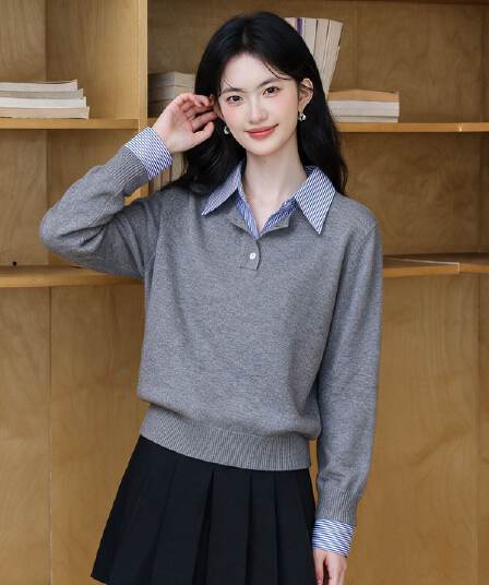 한 부서 패치워크 페이크 레이어드 긴팔 니트 스웨터 여성 2026 가을 새로운 루즈핏 캐주얼 POLO 셔츠 맨위