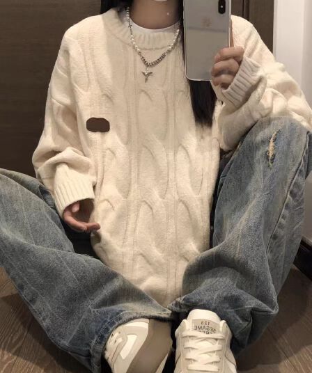 우유 fufu 스웨터 여자 가을 겨울철 새로운 루즈핏 느긋한 바람 부드러운 찹쌀 부드러운 캐주얼 다용도 니트 스웨터 맨위 트렌디
