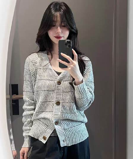 회색 홀로우 아웃 긴팔 니트 오픈 가디건 여성 코트 가을 한 부서 착용 가져 가라. 작은 키 외출용 느긋한 루즈핏 맨위