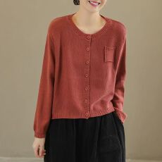 批发2026年新款复古棉线针织开衫女圆领长袖秋季短款毛衣外套休闲外搭