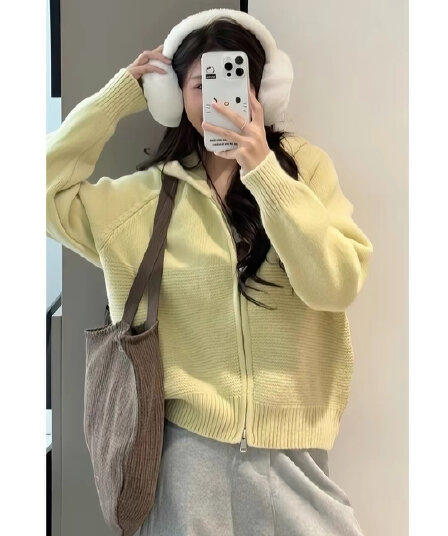 한 부서 느긋한 바람 물결무늬 곡물 더블 지퍼 후드 스웨터 코트 여성 의류 가을 겨울철 새로운 캐주얼 다용도 맨위