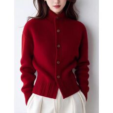 批发时尚洋气绝美红色高领长袖毛衣针织<b class='q'>开衫</b>女秋冬新款宽松超好看小衫