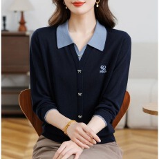 批发<b class='q'>中老年</b>针织衫毛衣女假两件春秋新款针织翻领打底洋气宽松大码上衣