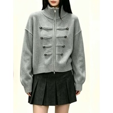 批发<b class='q'>欧美</b>风立领双拉链短款长袖针织开衫女秋冬百搭时尚毛衣短外套