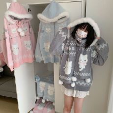 批发费尔岛可爱小猫连帽针织<b class='q'>开衫</b><b class='q'>女</b>秋冬新款软糯甜妹减龄百搭软糯毛衣