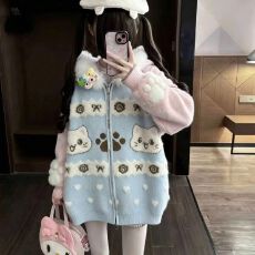 批发软萌甜美提花连帽毛毛领针织<b class='q'>开衫</b>外套<b class='q'>女</b>秋冬加厚宽松软糯毛衣上衣