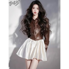 批发拼接皮衣连衣裙女<b class='q'>春</b>秋季大码胖mm收腰韩系气质高级氛围感短款裙子