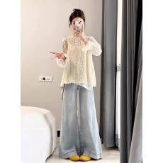 批发初秋穿搭套装女<b class='q'>大码</b>胖mm吊带打底衫牛仔裤韩系独特高级叠穿三件套