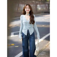 批发春秋搭配一整套<b class='q'>大码</b>胖mm显瘦收腰针织衫牛仔裤时尚减龄盐系套装女