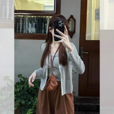 批发春秋搭配一整套<b class='q'>大码</b>胖mm条纹针织开衫吊带裤子时尚高级减龄套装女