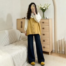 批发早秋穿搭一整套大码<b class='q'>胖</b><b class='q'>mm</b>打底衫针织马甲牛仔裤叠穿时尚三件套装女