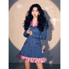 批发2025新款超火高级感复古花苞连衣裙女胖mm韩版气质收腰牛仔短裙子