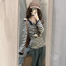 批发秋季搭配一整套大码胖mm露肩条纹上衣背带<b class='q'>牛仔裤</b>盐系高级感套装女