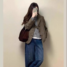 批发秋季搭配一整套大码胖mm<b class='q'>西装</b>毛呢外套高级复古韩系穿搭两件套装女