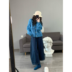 批发秋季搭配一整套大码胖mm蓝色毛衣外套阔腿<b class='q'>牛仔裤</b>韩系超好看套装女