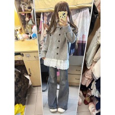 批发秋季穿搭一整套大码胖mm针织开衫蕾丝内搭<b class='q'>牛仔裤</b>减龄时尚三件套装