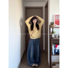 批发巨好看的早秋一整套大码胖mm黄色针织衫毛衣牛仔阔腿裤减龄套装女