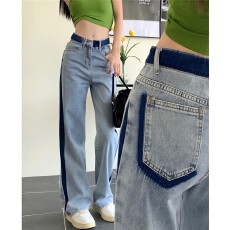 批发直筒高腰<b class='q'>牛仔裤</b>女宽松显瘦拼色小众高街年春季撞色阔腿拖地裤长裤